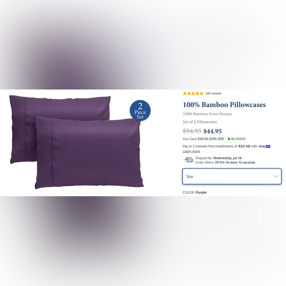 Purple Bamboo Viscose Pillowcases - 2 queen